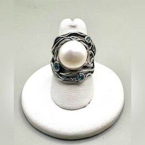 Or Paz Sterling Silver Blue Topaz & Pearl Ring